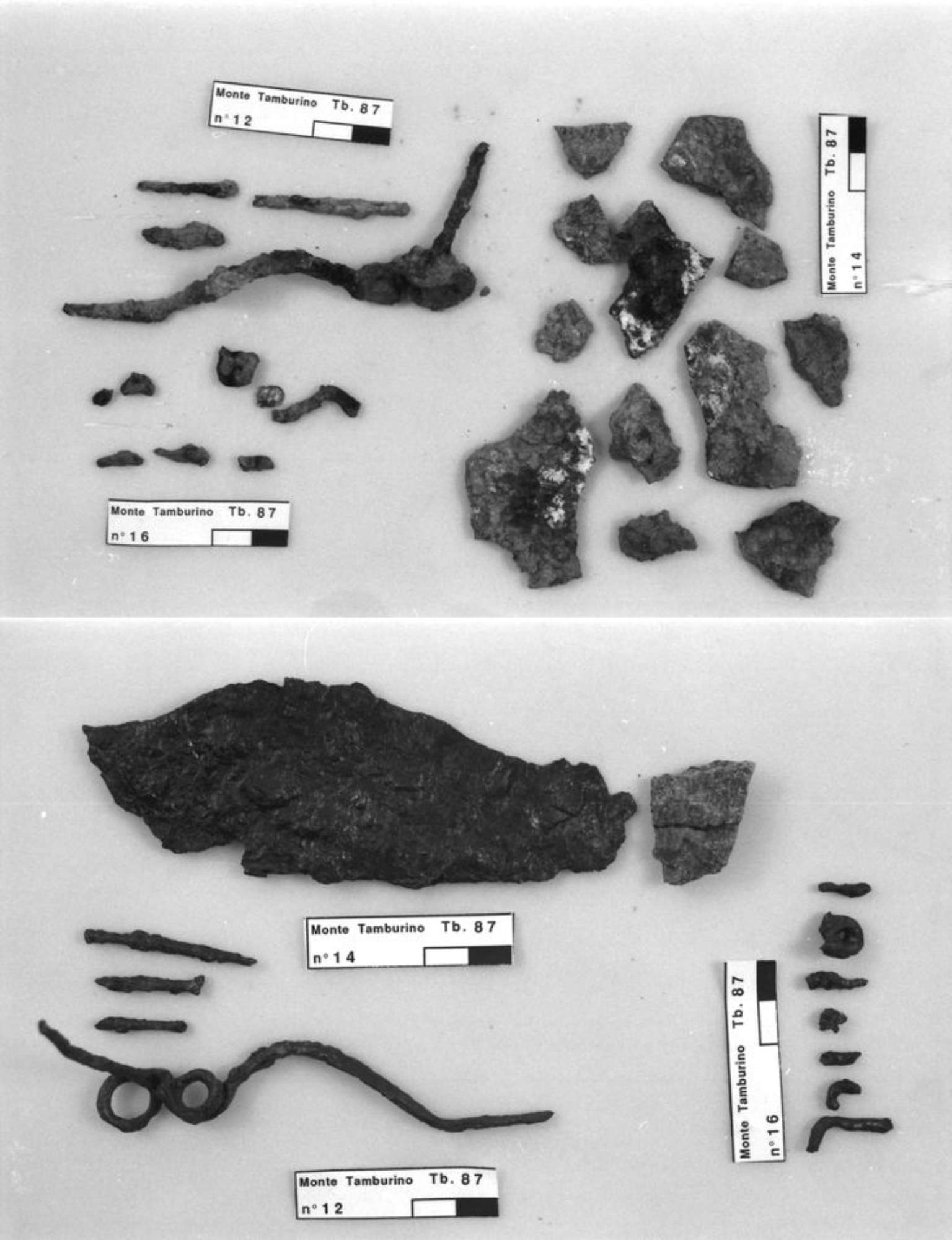 fibula in ferro, coltello in ferro in frammenti, fibula in ferro in frammenti prima del restauro